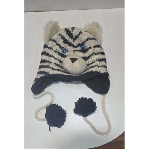 Delux Knit Wool Zebra Earflap Hat With Pom-Poms & Furry Ears For Kids - Picture 2 of 7
